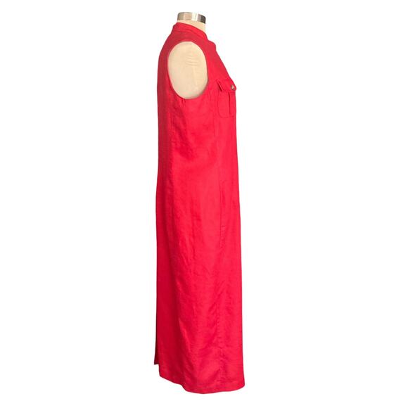 Embassy Row Pure Linen Red Sleeveless Maxi Shirt Dress Sz 10 Mandarin Collar - Picture 4 of 9